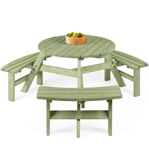 Best Choice Products 6-Person Circular Outdoor Wooden Picnic Table for Patio, Backyard, Garden, DIY w/ 3 Built-in Benches, 500lb Capacity - Sage Green - color: Sage Green