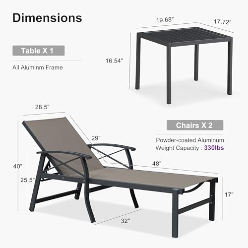 PURPLE LEAF Oversized Chaise Lounge Chair Outdoor Set of 2 Extra Wide Pool Lounge Chairs 5 Adjustable Position with Armrests and Side Table Aluminum Patio Lounge Chair for Outside Beach Pool, Taupe - color: Taupe, size: Oversized