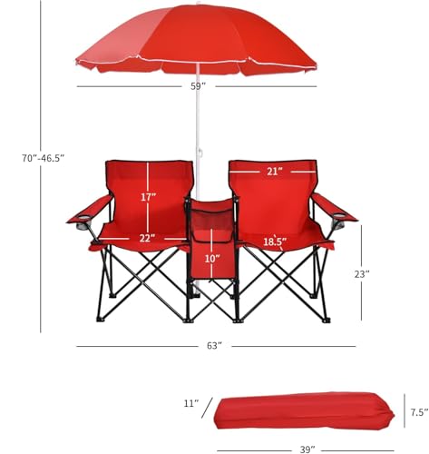 Goplus Double Camping Chair with Umbrella, Folding Loveseat Chairs w/Canopy Shade, Carrying Bag, Table, Cup Holder, Portable Beach Chairs Outdoor Picnic Patio (Red) - color: Red