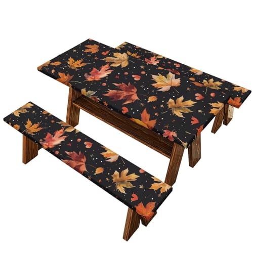 Classic Maple Leaf Elastic Fitted Table Cloth for Camping Party Supplies 3 PCS Set Thanksgiving Outdoor Picnic Table Cover with Bench Covers - color: Classic Maple Leafs, size: Small