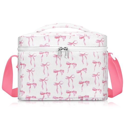 TESAFNG Insulated Lunch Bag for Women, Cute Corduroy Reusable Lunch Box for Adult, Leakproof Cooler Bag for Work Office Travel Picnic, Lunch Tote Bag with Adjustable Shoulder Strap (Pink Bow) - color: Pink Bow