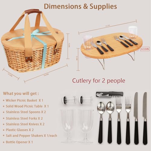 Hap Tim Wicker Picnic Basket Set for 2 with Mini Folding Wine Picnic Table & Large Insulated Cooler Bag & Cutlery Service Kits for 2 Person, Couples Gifts, Wedding Gifts (Y2209-2-CM) - color: Cream White, size: 2 person