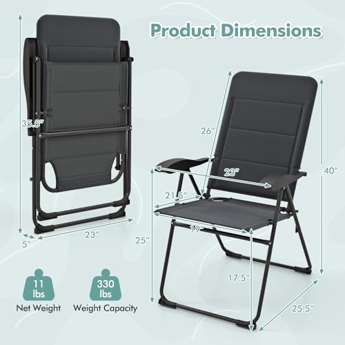 Tangkula Patio Chairs Set of 2, Folding Patio Dining Chairs with 7 Adjustable Backrest Positions, Outdoor Padded Lawn Chairs for Patio Garden Poolside Yard Beach, Support 300 lbs (2, Grey) - color: Grey