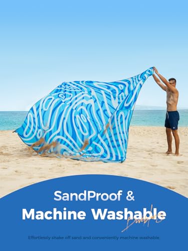 Diveblues Beach Blanket Oversized Extra Large 110" * 118"/ 9 * 10 Ft,Beach Mat Waterproof Sandproof,Soft and Durable, Picnic Mat for Travel Camping, Beach Vacation,4 Stakes & 1 Travel Bag - color: Cerulean Tides