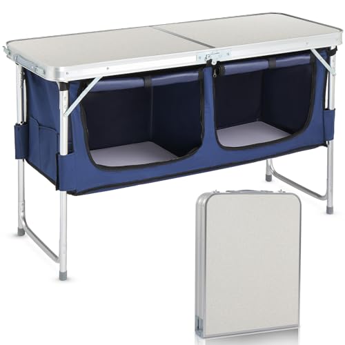 Camping Kitchen Station, 3 Adjustable Height Folding Outdoor Camp Cooking Table with Storage Organizer, Quick Set-up for Patio BBQ Picnic Glamping Traveling