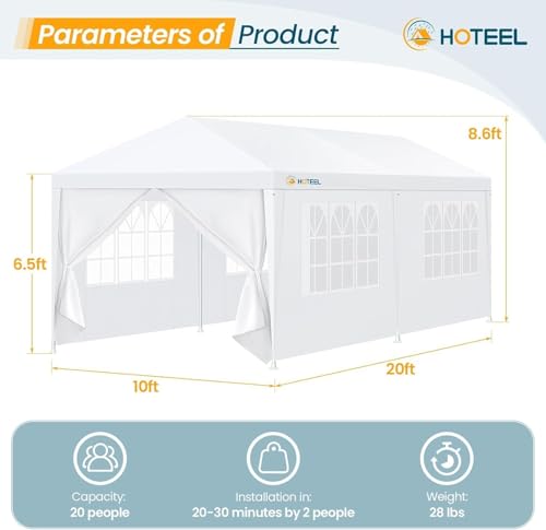 HOTEEL 10x20FT Party Tent with 6 Removable Sidewalls for Parties, Waterproof Carpas para Fiestas, Weddings, BBQ, Outdoor Large Event Canopy, Patio Camping Gazebo, White - color: White, size: 10x20FT(+6 Walls