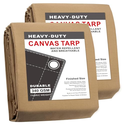 CARTMAN Finished Size 8x10 Feet Tan 2PK Canvas Tarp with Rustproof Grommets, Heavy Duty Multipurpose Tarpaulin Cover for Canopy Tent, Roof, Camping, Woodpile - color: Tan, size: 8'x10' 2pk