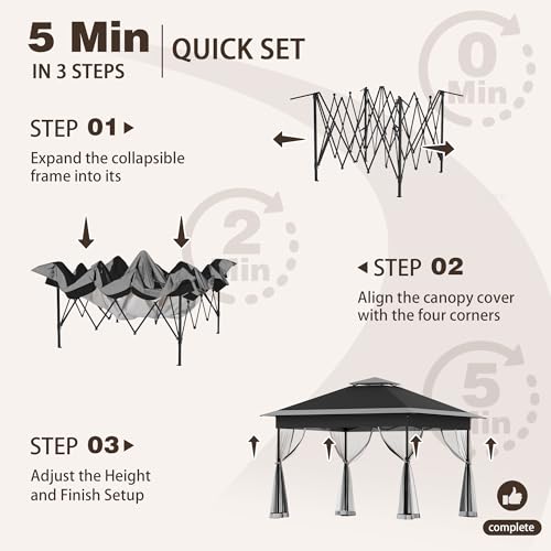Bezseller 11x11 Pop Up Gazebo with Mosquito Netting – Easy 1-Person Setup, Water-Resistant Backyard Canopy for Family Patio & Garden Use, Black - color: Black, size: 11"x11"