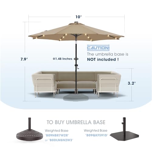 wikiwiki 10ft Solar Led Patio Umbrella, Sturdy Outdoor Market Umbrella for Deck, Pool, Garden w/Tilt, Crank, 32 LED Lights, Tan - color: Tan, size: 10FT