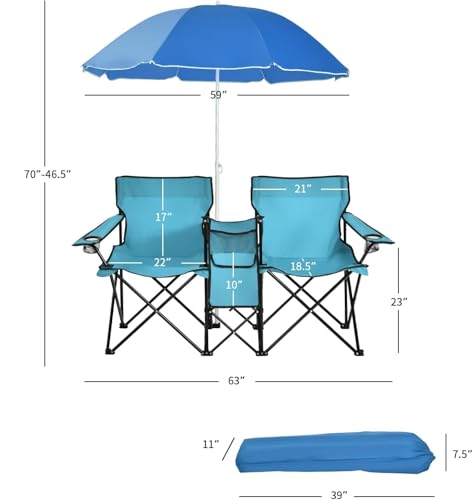 Goplus Double Camping Chair with Umbrella, Folding Loveseat Chairs w/Canopy Shade, Carrying Bag, Table, Cup Holder, Portable Beach Chairs Outdoor Picnic Patio (Turquoise) - color: Turquoise