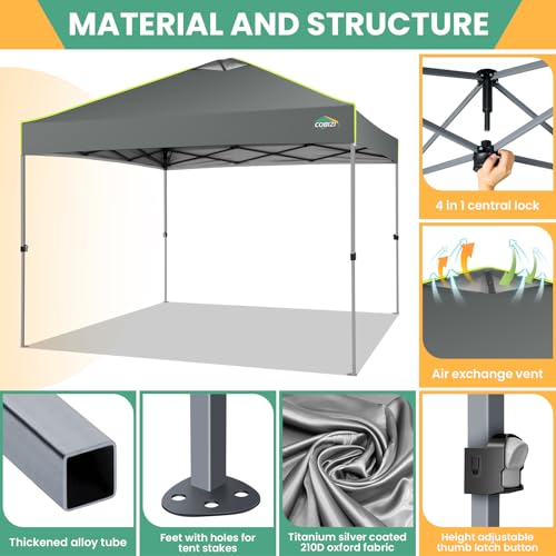 COBIZI 10x10 Pop Up Canopy Tent, Outdoor Party Tent with 4 Sidewall One Push Setup Glow, 3 Adjustable Height Air Vent Waterproof UPF50+, Bag, 4 Sandbag, 8 Stake, 4 Rope for Beach, Commercial - color: Gray, size: 10x10 with 4 Sidewalls