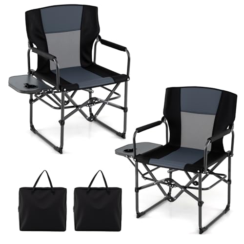 Goplus Folding Camping Chair, 2 Pack Heavy-Duty Director Chair with Side Table & Cup Holder, Portable Padded Chair with Carrying Bag for Picnic Beach Fishing Sports, Supports up to 500 LBS - color: Grey