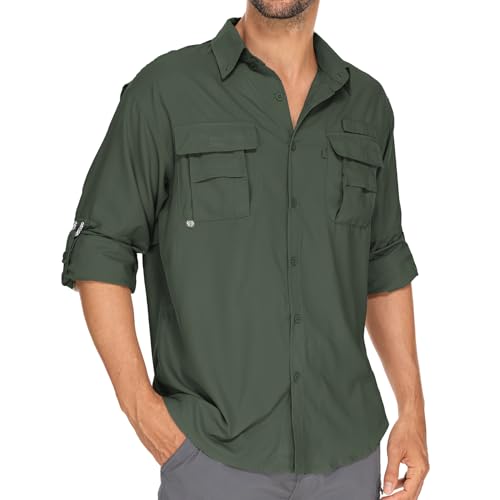 Mens Safari Shirts Long Sleeve UV Protection Hiking Fishing UPF 50+ Quick Dry Camping Travel Shirts - color: Army Green, size: Medium