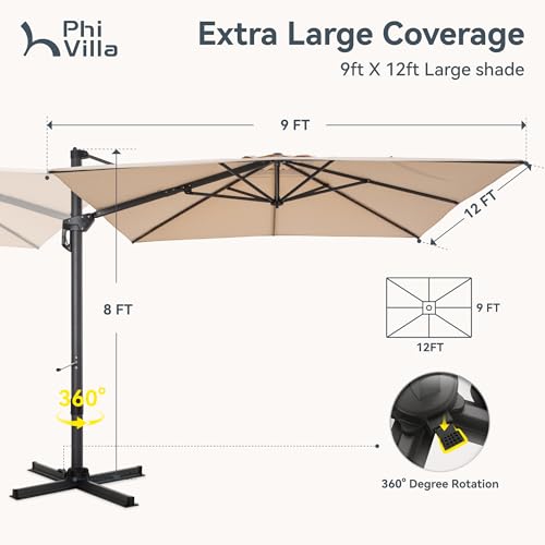 PHI VILLA 9'x12' Outdoor Patio Deck Umbrella with Base. 360° Rotation & 6-Level Tilt with Easy Crank Handle. Rectangle Offset Cantilever Umbrella Heavy Duty for Garden Poolside Backyard (Beige) - color: Beige, size: 9'x12'- With Base