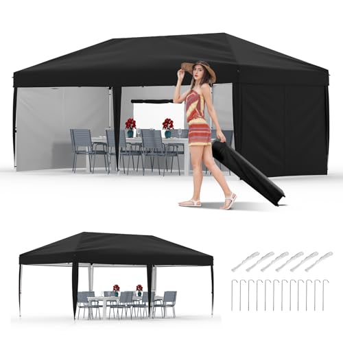 GarveeLife 10x20 Pop Up Canopy with 4 Sidewalls, Beach Ten with One Push Setup, Heavy Duty Outdoor Instant Canopy Tent with Portable Roller Bag, Silver Coated Top, 3 Adjustable Height, Sandbags,Black