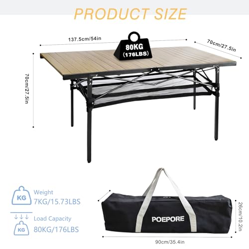 Large Folding Camping Table Aluminum with Storage for 4-6 People 55"X27.5" Roll Up Tall Outdoor Portable Table Lightweight with Carry Bag for Picnic BBQ Backyard Beach - color: Natural-55*27.5-2.08in Panel
