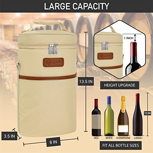 opux 2 Bottle Wine Carrier Tote, Insulated Leakproof Wine Cooler Bag, Wine Travel Bag Tote for Picnic Beach, Portable Wine Bottle Carrying Case, Gift for Wine Lover Women Men Christmas, Cream Beige - color: Cream Beige