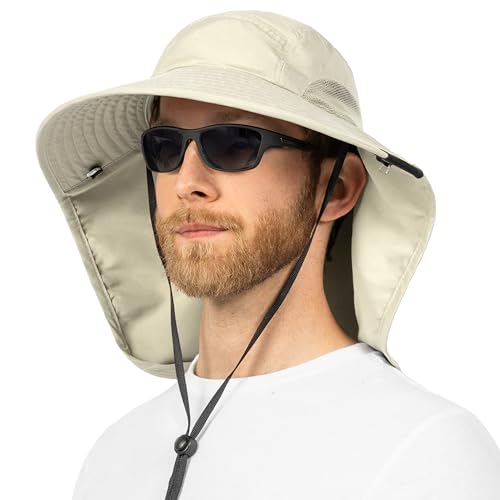 SUN CUBE Wide Brim Sun Hat with Neck Flap, UPF50+ Hiking Safari Fishing Hat for Men Women, Sun Protection Beach Hat - color: Beige
