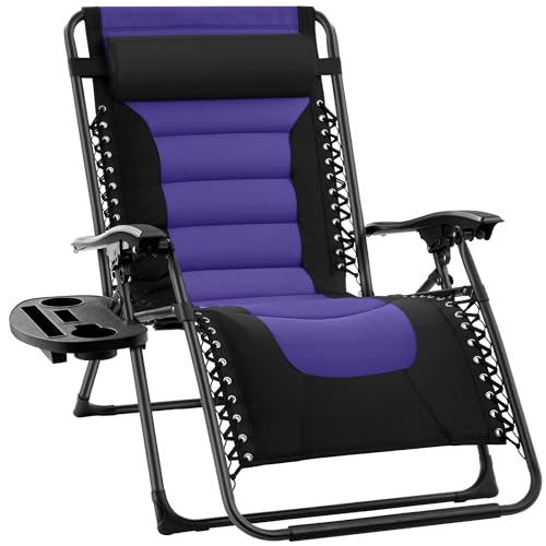 Best Choice Products Oversized Padded Zero Gravity Chair, Folding Outdoor Patio Recliner, XL Anti Gravity Lounger for Backyard w/Headrest, Cup Holder, Side Tray, Polyester Mesh - Black/Purple - color: Black/Purple