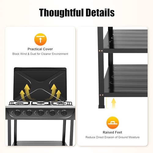 5 Burner Gas Stove with Wind Shield Portable 2.5KW Natural Gas Stove with 2 Storage Shelves for RV Apartment Outdoor Cooking - style: 5 Burner-Black