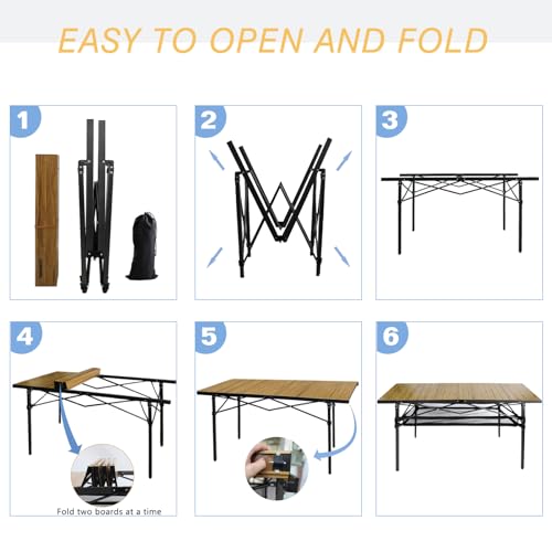 Large Folding Camping Table Aluminum with Storage for 4-6 People 55"X27.5" Roll Up Tall Outdoor Portable Table Lightweight with Carry Bag for Picnic BBQ Backyard Beach - color: Natural-55*27.5-2.08in Panel