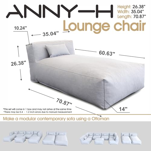Dineli Modern ANNY-H Lounge Chair Outdoor Bed Lounger Outdoor Couch Sofa Comfy Patio Furniture Dense Foam Pool Loungers Lazy Sofa for Outside, Water-Resistant Sunbed (Light Gray, 70'' Length) - color: Light Gray, 70'' Length