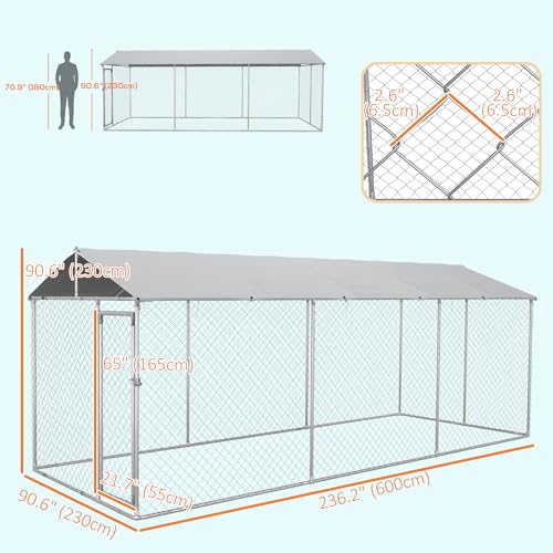 PawHut Outdoor Dog Kennel, Heavy Duty Dog Run Outdoor Fence with Waterproof Cover, Galvanized Chain Link, Secure Lock, for Large Breeds, Chickens, Ducks, 20' x 7.5' x 6.5' - size: 236.2"L x 90.6"W x 78.7"H