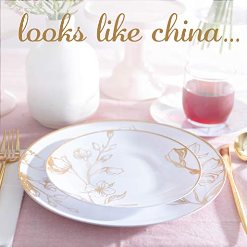 PLASTICPRO 128 Piece Combo Plates Set includes 64 7'' inch Plates & 64 10'' inch Plates White Plastic Floral Design Party Plates With Gold Rim, Premium Elegant, Tableware, Dishes, - size: 128 Plates (64 sets)