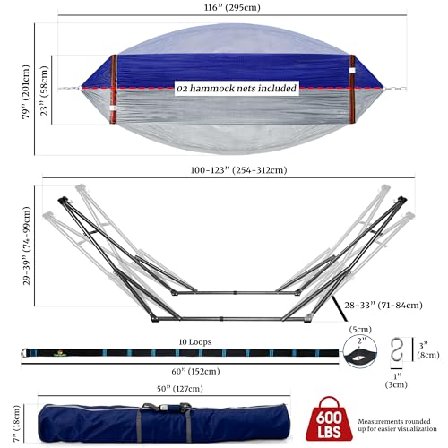 Tranquillo Combo x2 Hammocks with Stand for Outside & Tree Straps, Heavy Duty Hammock with Stand 600lbs for Indoor Outdoor Patio Backyard, x2 Hammocks for 2 Person (Combo - Blue, Medium) - color: Combo - Blue