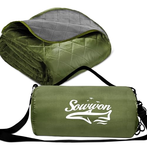 Waterproof Outdoor Blanket 82”X 55” Packable, Stadium Blankets for Camping with Quilted Fleece Lining, Large Windproof Emergency Throw Mat for Garss Picnic Hiking Road Trip, Machine Washable, Green - color: Fleece Green-300 Gsm, size: 82"x 55"