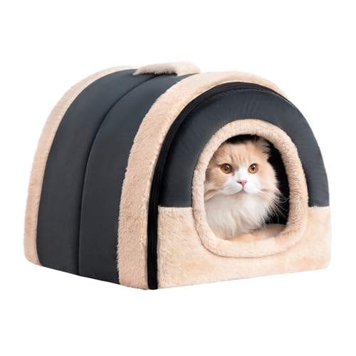 Hollypet Cat Bed Self-Warming 2 in 1 Foldable Kitty Cave Hut House Nest Pet Sleeping Bed, Crystal Velvet Pet Condo for Indoor Cats, Dark Gray Arched Cave - color: Dark Gray Arched Cave