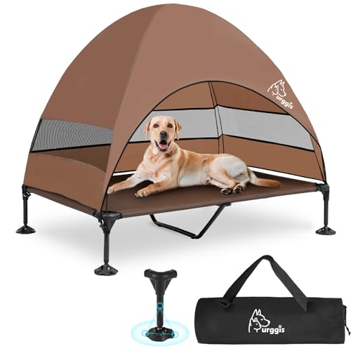 Upgraded Elevated Dog Bed with Canopy, Portable Raised Outdoor Dog Bed with Stable Anti-Slip Feet, Wider Shade Pet Bed Cot, Raised Dog Beds for Large Dogs Camping, Indoor & Outdoor Use - color: Dog Canopy-Brown, size: 50.0"L x 32.0"W x 42.5"Th