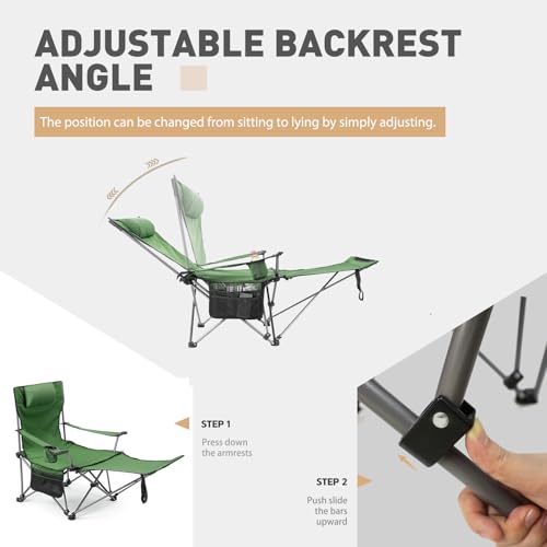 Reclining Camping Chair with Removable Footrest, Adjustable Camping Lounge Beach Chair with Padded Headrest, Cup Holder & Carry Bag, Camp Chair with Foot Rest Lawn Chair for Outdoor Patio,Green - color: Green
