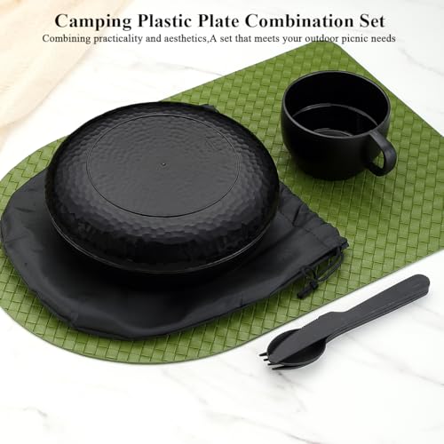 Berglander Camping Mess Kit with Bowl, Plate, Cup, Spoon, Fork, Knife and Carry Bag, Plastic Camping Accessories Essentials Gear for Travel, Camping, Picnic, Outdoor, Easy to Carry & Store - color: 1.Black