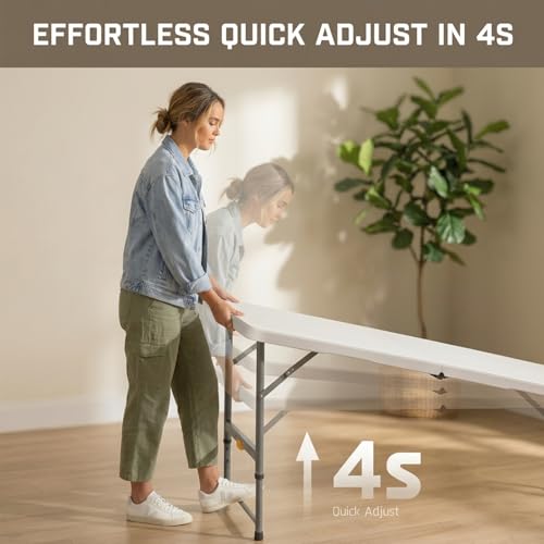 4FT Folding Table with One Press Adjustable Height,Fold in Half Portable Card Table with Carry Handle&Locking Steel Legs,Heavy Duty Plastic Utility Table for Party,Picnic,Camping Indoor Outdoor,White