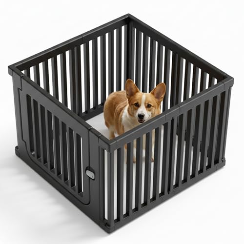 7 Panels Plastic Dog Playpen, Expandable & Durable Pet Fence - Indoor & Outdoor Portable with Secure Locking Door, Durable Safety Play Pen with Puppy, Cat, Small Animal(Black, 23.62" H) - color: Black