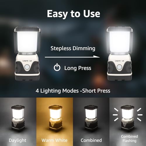 Lepro 1000LM Battery Powered LED Camping Lantern, White Tent Light with 4 Light Modes, Camping Essentials, Waterproof Lantern Flashlight for Camping, Emergency Light, Power Outage, Not Rechargeable - color: White-1000lm-1Pack