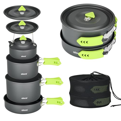 Alocs Camping Cookware Set - Lightweight Camping Pots and Pans - Portable Outdoor Cookware with Kettle - Camping Cookware Mess Kit for 2 - style: Ergo-grip Edition (4-piece)