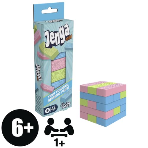 Jenga Mini Spring, Tiny Towers Stacking Block Game, Colorful Pink Blue Green Blocks, Ages 6+