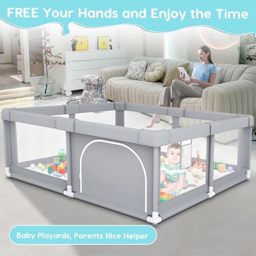 Fshibila Baby Playpen with Mat, Baby Playpens for Babies and Toddlers, BabyFence Play Pen for Indoor & Outdoor, Sturdy Safety Play Yard with Soft Breathable Mesh, 50 * 50 * 27 inches Grey - color: Grey, size: 50 x 50 IN+MAT