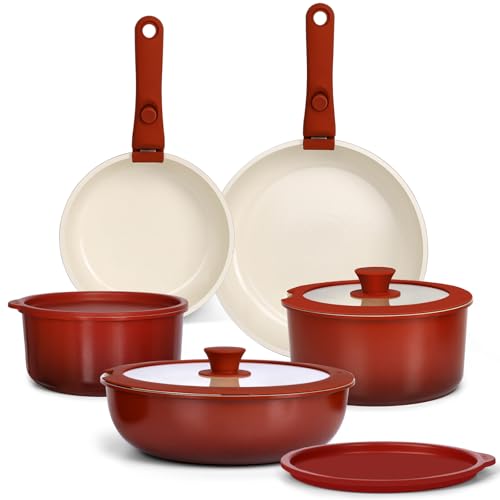 GIPP 11PCS Ceramic Pots and Pans Set Non Stick, Nonstick Cookware Set Detachable Handle, Red Black Gradien Pots and Pans Induction Kitchen Cooking Sets, RV Cookware Sets for All Stoves - color: Red and Black Gradient, size: 11PCS