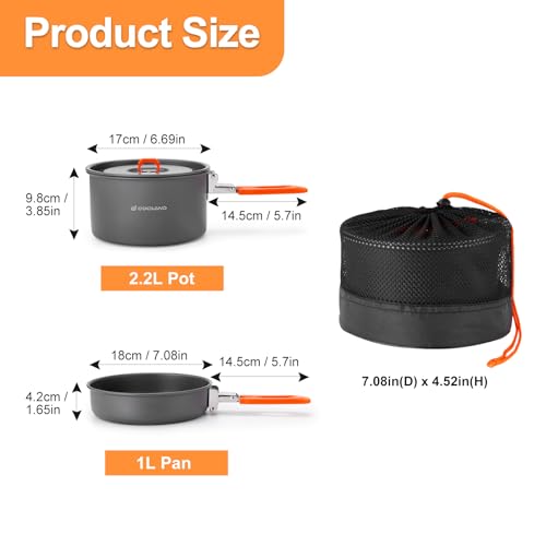 Odoland Camping Cookware Mess Kit, Non-Stick Lightweight Camping Pot and Fry Pan Set with Mesh Bag for Backpacking, Outdoor Cooking and Picnic - size: 1.9L Pot + 0.86L Fry Pan