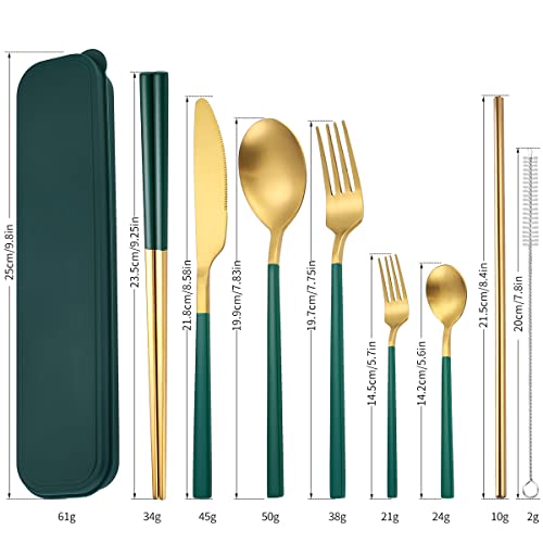 AARAINBOW 6 Pieces Stainless Steel Flatware Set Portable Reusable Cutlery Set Travel Utensils Set Including Chopsticks Knife Fork Spoon Straws Cleaning Brush Dishwasher Safe (B-Green golden) - color: B-Green golden
