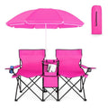 COSTWAY Double Portable Picnic Chairs, Folding Camping Chairs w/Detachable Umbrella, Cooler Bag, Cup Holders, Patio Beach Camping Chairs for Outdoors, Pink - color: Pink