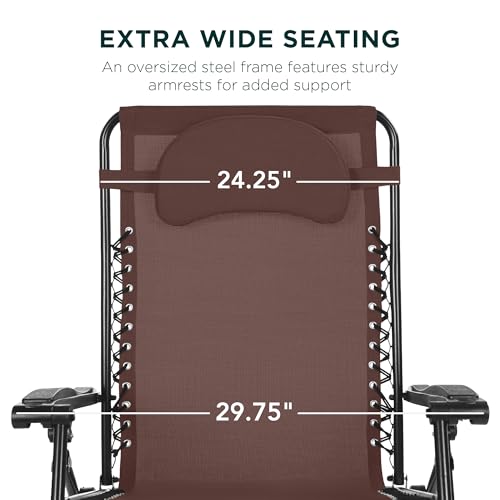 Best Choice Products Oversized Zero Gravity Chair, Folding Outdoor Patio Lounge Recliner w/Cup Holder Accessory Tray, Pillow - Brown - color: Brown