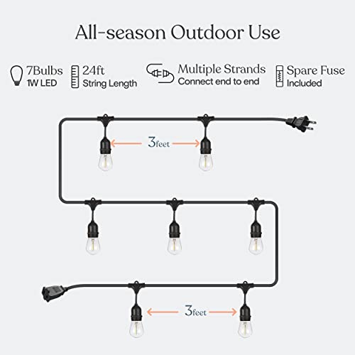 Brightech Ambience Pro LED String Lights - 24 Ft Commercial Grade Patio Lighting Outdoor Waterproof - 7 Heavy Duty Porch Lights for Outside, Christmas, Backyard - 1W Vintage Edison Bulbs, Dimmable - size: 24 FT - 7 Bulbs