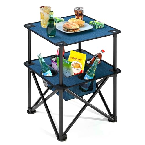Folding Camping Table, Portable Outdoor Picnic Table, Lightweight Square Camp Table with Built-in 4 Cup Holders Food Basket and Travel Bag for Barbeque Beach Camping and Tailgate Blue - color: Blue
