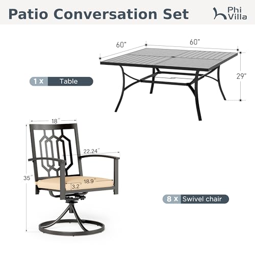 PHI VILLA 9 Pieces Outdoor Dining Set for 8, 60" Black Square Wrought Iron Table with Umbrella Hole & Swivel Metal Chairs with Cushions, Large Outside Furniture Set for Patio, Deck, Yard, Porch - color: Hexagon Back Swivel Chair, size: 9PCS-60" Steel Tabl