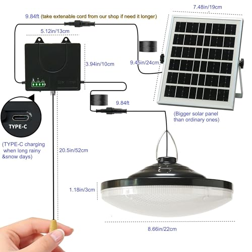 HULPPRE 3000lm Solar Shed Light Indoor Outdoor with Pull String, Daytime or Night,Dusk to Dawn,Bright with 169 LEDs,IP65 Waterproof,3 Modes,for Barn,Chicken Coop,Patio,Garden,Yard,Gazebo