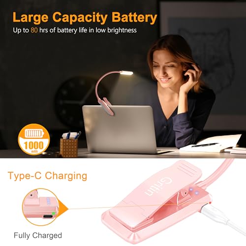 Gritin 9 LED Rechargeable Book Light for Reading in Bed - Eye Caring 3 Color Temperatures,Stepless Dimming Brightness,80 Hrs Runtime Small Lightweight Clip On Book Reading Light for Studying-Pink - color: Pink